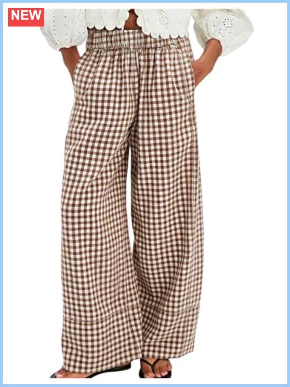 Womens Gingham Wide Leg Palazzo Pants Elastic Waist Pleated Lounge Trousers